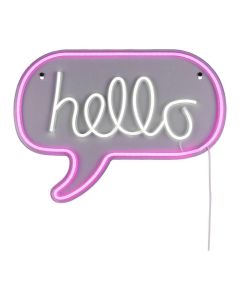 Wandlamp Hello in tekstballonvorm met roze rand en witte verlichte letters.