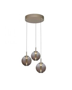 PURE E-Infinity hanglamp met drie amberkleurige glazen lichtbollen en bronzen plafondplaat.