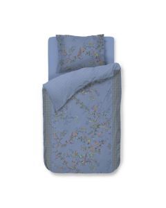 Bustani dekbedovertrek blauw met takken en fantasiebloemen, inclusief kussensloop, gemaakt van katoenperkal 200TC.