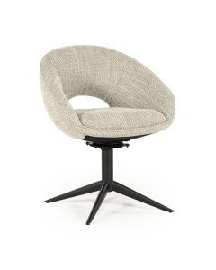 Eetkamerstoel Nol van Eleonora in taupe tofa met ronde kuip en zwarte draaivoet, driekwart vooraanzicht.