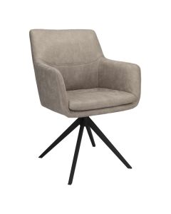 INHOUSE eetkamerstoel Vigios Bull Clay in bruin microleer met zwart metalen poten en draaifunctie, schuin vooraanzicht.