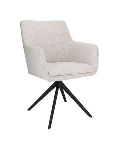 INHOUSE eetkamerstoel Vigios Beige met zachte bekleding en zwart metalen poten, schuin van voren gezien.