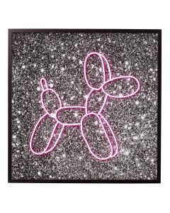 LED wandfoto met neonroze ballonhond op zwarte gespikkelde achtergrond in zwart frame.