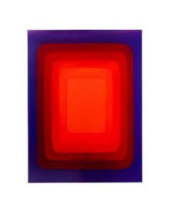 Abstracte wanddecoratie met zes gelaagde rechthoeken in rood en violet met vloeiend kleurverloop.