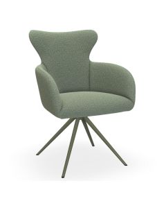 Bert Plantagie eetkamerstoel Nio in groene stof met metalen onderstel, schuin van voren gefotografeerd.