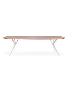Plat ovale eetkamertafel Sem met HPL tafelblad, verfijnde facetrand en modern Kai-onderstel in een elegante uitvoering.
