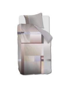 Ferruccio Natural dekbedovertrek in beige- en zandtinten met grafisch lijnenspel en subtiele blokpatronen, enkel bedopstelling.