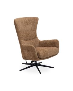 Draaifauteuil Alora in bruin-groene boucl&eacute;stof met zwart metalen 5-teensvoet zijaanzicht