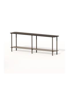 Consoletafel Allesandro met donker tafelblad, slank metalen frame en praktisch onderblad voor hal of woonkamer.