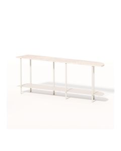Moderne consoletafel Eduardo met licht houten blad, wit metalen frame en praktisch onderblad voor hal of woonkamer.