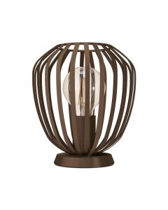 Tafellamp Espinal in geborsteld brons met open metalen kap en zichtbare lichtbron, gefotografeerd tegen een witte achtergrond met focus op het compacte ontwerp.