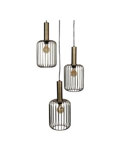 Bincerro hanglamp in bronskleurig metaal met drie open cilindervormige frames onder elkaar en zichtbare lichtbronnen, vooraanzicht.
