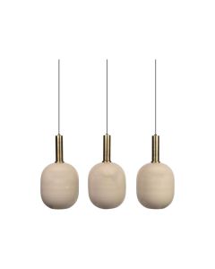Bincerro hanglamp in matte taupekleur met drie identieke lichtpunten naast elkaar, uitgevoerd in stevig metaal met elegante messingaccenten.