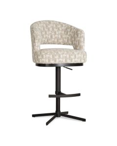 Barstoel Haga met beige patroonstof, zwarte metalen stervoet en gaslift, schuin van voren weergegeven