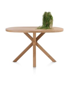 Bartafel Nyborg in ovale vorm, uitgevoerd in eikenfineer, met centrale houten poot en groene plant op het blad.