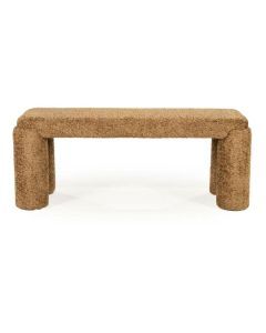 Mosterdgele By-Boo Omla halbank met zachte boucl&eacute;stof en ronde poten, vooraanzicht.