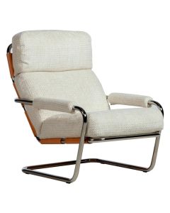 Gelderland fauteuil 601 Mr. Oberman in lichte stoffering met chromen buisframe, schuin vooraanzicht.