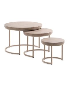 Set van drie ronde bijzettafels in verschillende hoogtes met Grey Oak blad en metalen frame in Stone Grey