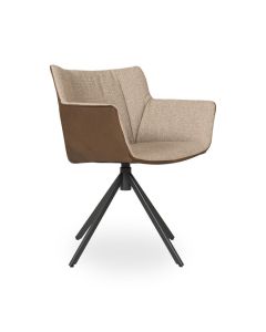 Gustav Junior eetkamerstoel van Label van den Berg met stof Rhythm Liver, lederen achterkant Bald Sprang Olive en zwartgrijs draaionderstel zijaanzicht