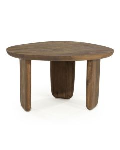 Eleonora salontafel Maud small lichtbruin mangohout met rond blad en drie brede poten op witte achtergrond