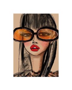 Moderne art print van vrouw met oversized oranje zonnebril en rode lippen.
