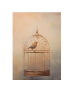 Urban Cotton Art Print Bird Cage met kleine vogel in een fijne metalen kooi tegen een zachte beige achtergrond