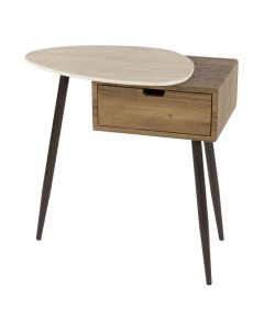 Nachtkastje Travino links met travertin-look keramiek blad, lade in eikenhoutlook en bronskleurige metalen poten vrijstaand.