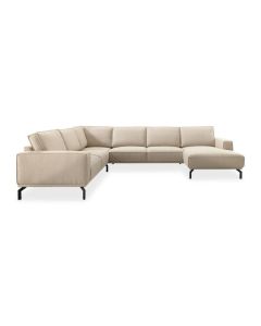Hoekbank Alburg in beige boucl&eacute; met zwarte metalen poten, chaise longue rechts, vooraanzicht