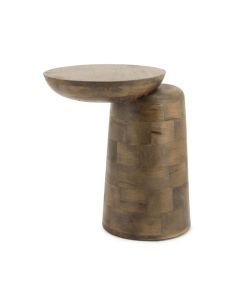 Houten bijzettafel met ronde top en asymmetrische poot