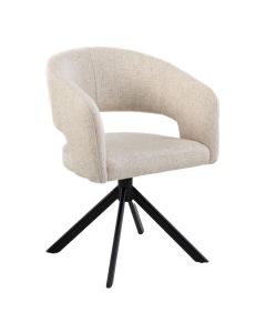 Armstoel Tokyo in lichtbeige stof met ronde kuipzitting en zwart metalen onderstel, gefotografeerd op witte achtergrond.