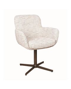 Beige Trendhopper armstoel Helsinki met ronde kuipzitting en metalen kruisvoet op witte achtergrond.