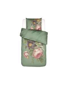 Groen Madia dekbedovertrek met bloemenprint van pioenrozen en tulpen, 1-persoons bed