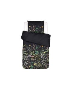 Eenpersoons dekbedovertrek Augustina antraciet met kleurrijke bloemenprint en effen donkere omslag