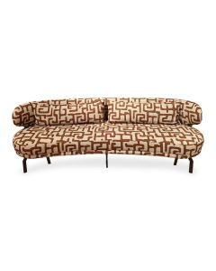 Hale eetkamerbank met ovale vorm, grafische bekleding in beige en bruin en zwarte metalen poten.