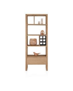Roomdivider Bonaire van Happy@Home in gelakt eikenfineer met open niches, lade en grafietkleurig metalen onderstel