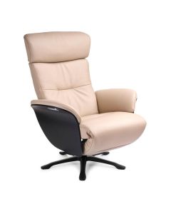Beige leren relaxfauteuil Nova met hoge rugleuning en zwart draaionderstel.