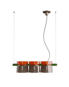 Hanglamp Yakitori met drie keramische kappen in oranje en taupe op groene stang