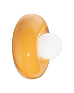Wandlamp BumBum in geel met glanzende ronde vorm en witte bolvormige lichtbron