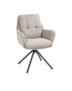 Armstoel Madelaine in beige stof Vada met draaifunctie en grafietkleurige metalen kruispoot, vooraanzicht