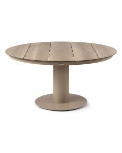 Callisto Outdoor tuintafel Vigo met rond HPL tafelblad in houtlook en aluminium plateauvoet in clay kleur