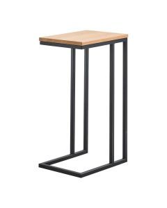 Schuin vooraanzicht van laptoptafel Budrio met lichtbruin melamine blad en open zwart metalen onderstel