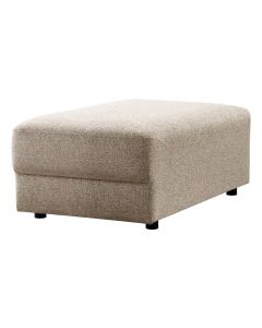 Beige hocker Nelonia in stof met zachte vulling en zwarte lage pootjes schuin van voren