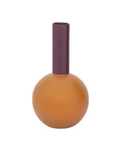 Keramieken vaas met ronde oranje basis en paarse hals in een modern kleurrijk design.