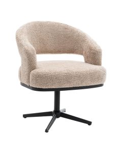 Beige INHOUSE armstoel Noalia met ronde rugleuning en zwarte draaipoot schuin vooraanzicht