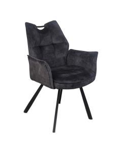 Armstoel Mabel in antraciet met verticale stiknaden, ronde zitting en zwarte metalen poten schuin van voren