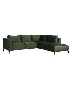 Elementenbank Wembley als groene hoekbank met chaise longue en zwarte metalen poten.