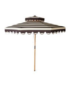 Grote ronde parasol met bruin-witte strepen en decoratieve golvende rand