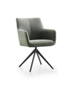 Moderne eetkamerstoel in khaki stof met zwarte metalen draaipoot zijaanzicht
