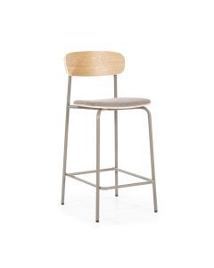 Moderne barkruk Skola met metalen frame, stoffen zitting en rugleuning van essenhout fineer