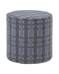WOOOD poef Sarli hoog met grijs-blauw ruitdessin in chenille stof op witte achtergrond